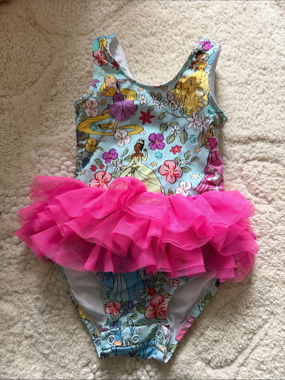 Posh Peanut Disney Girls Floral Princess Tutu Swimsuit with Hot Pink Ruffle